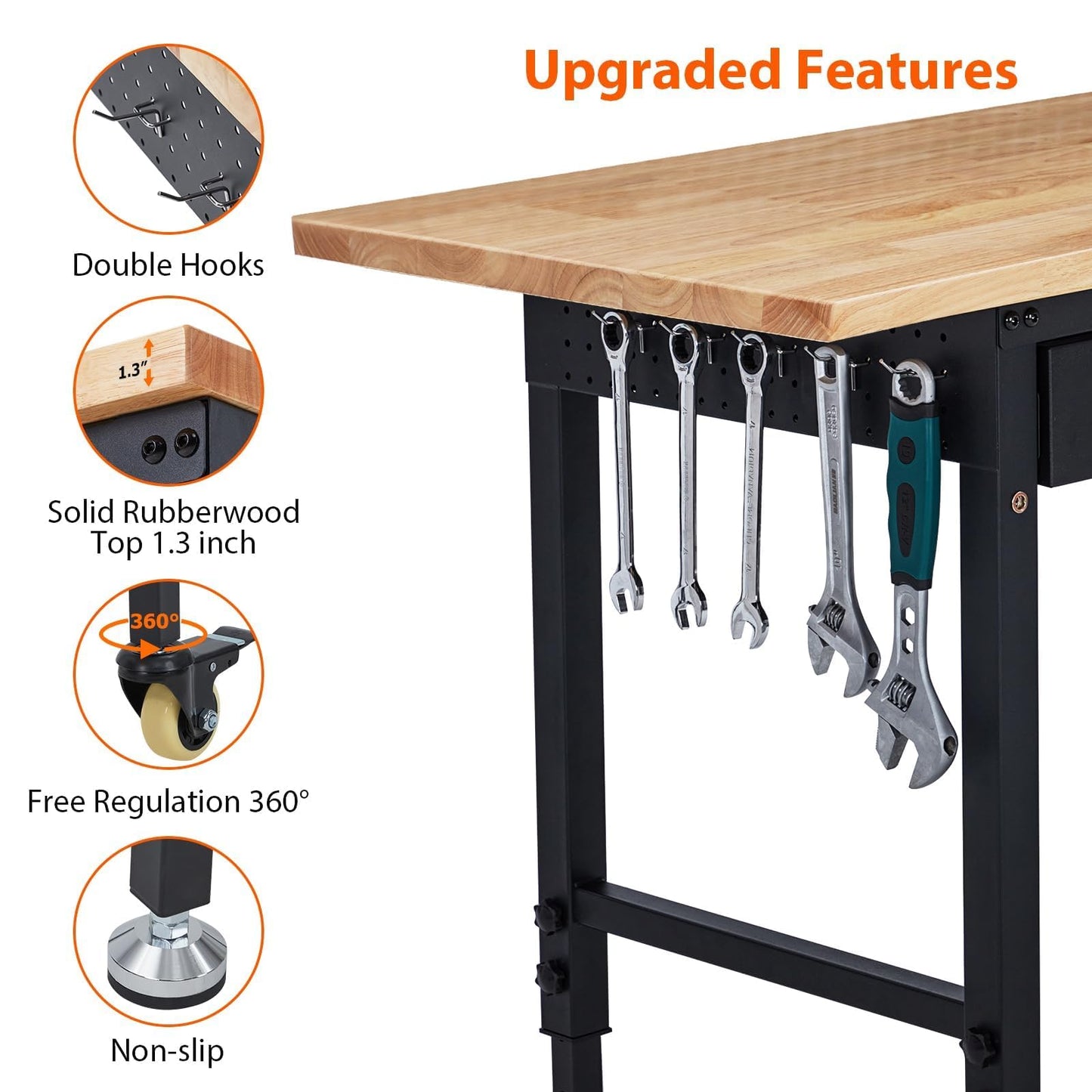 Adjustable Workbench for Garage, 48" Heavy Duty Rolling Work Bench with Power Outlet & Storage Drawer, 2000 LBS Capacity Solid Wood Top Shop Table for Workshop Home Office