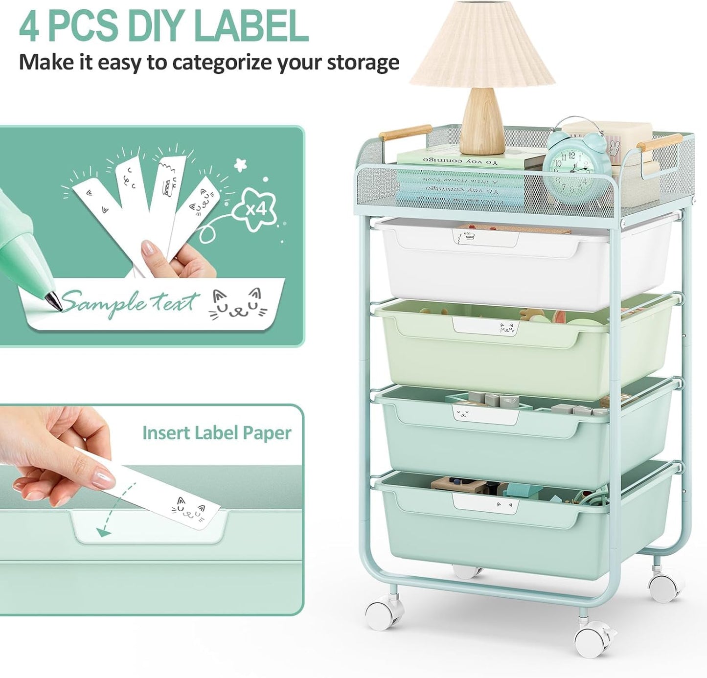 SYKIARIOL 4-Drawer Rolling Storage Cart with Mesh Top, Utility Craft Organizer Cart on Wheels with DIY Labels, Rolling Drawer Cart for Home Office Classroom Bedroom, Green