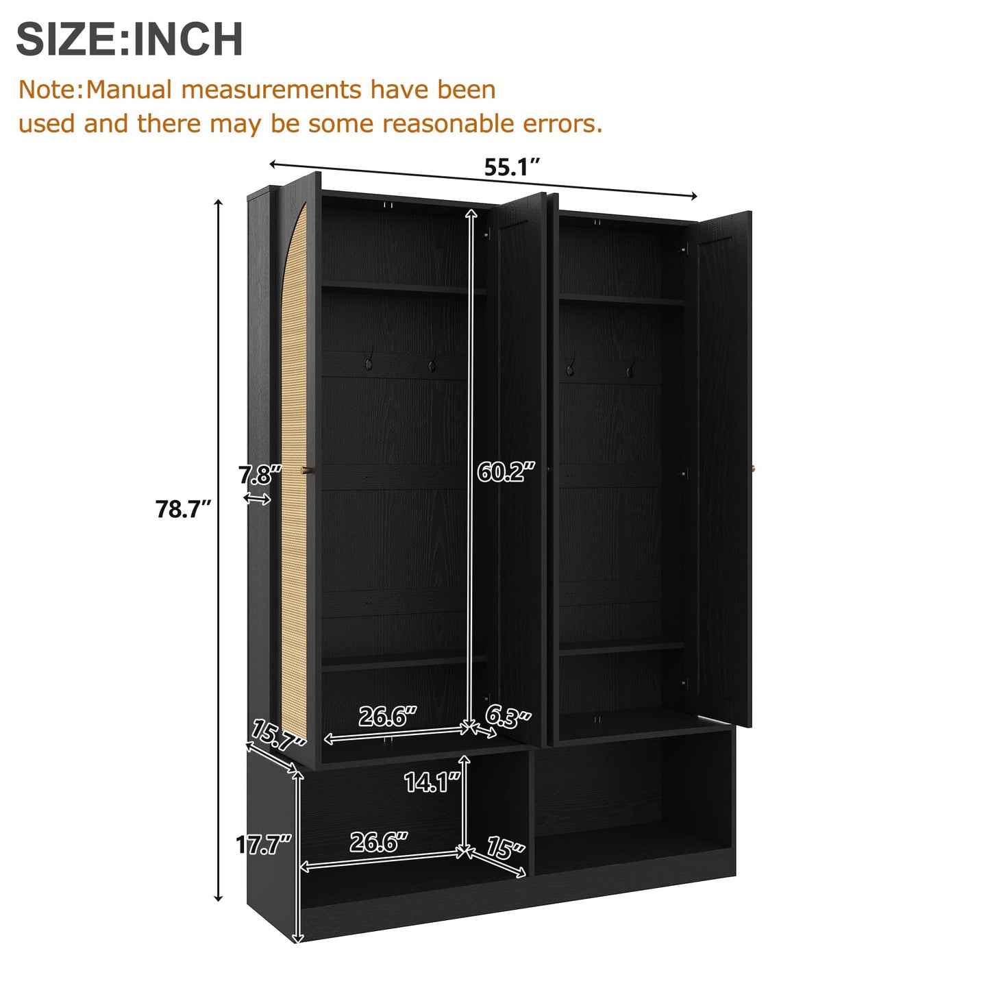 Merax Farmhouse Hall Tree with 4 Rattan Doors & Bench - 55.1" Entryway Shoe Cabinet, 6 Hooks, Adjustable Shelf, Mid-Century Storage for Living Room, Black