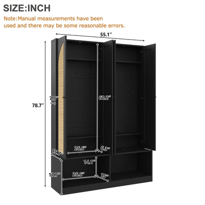 Merax Farmhouse Hall Tree with 4 Rattan Doors & Bench - 55.1" Entryway Shoe Cabinet, 6 Hooks, Adjustable Shelf, Mid-Century Storage for Living Room, Black