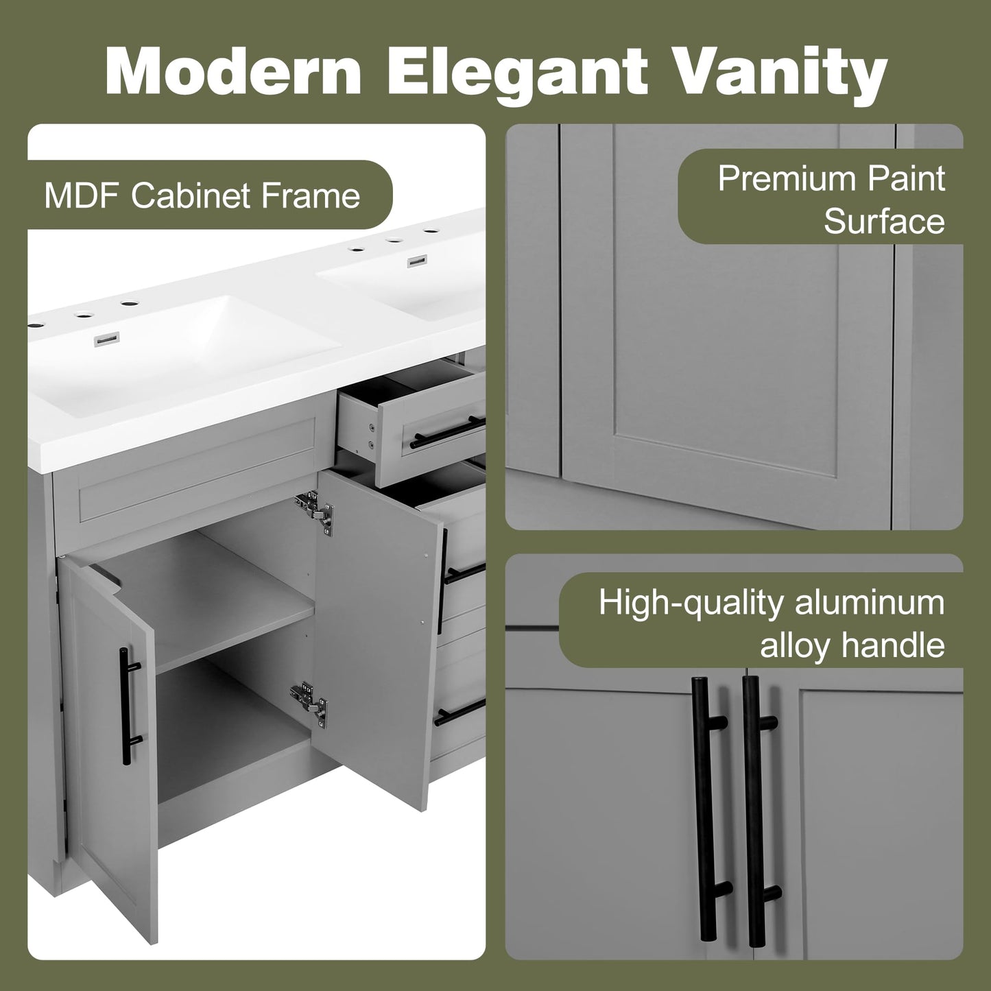 Merax Modern 59.3'' Large Bathroom Vanity with Double Sink Combo, Wood Bathroom Storage Cabinet with Soft Close Door & 3 Drawers, Vanities Set, Space Saving, Gray