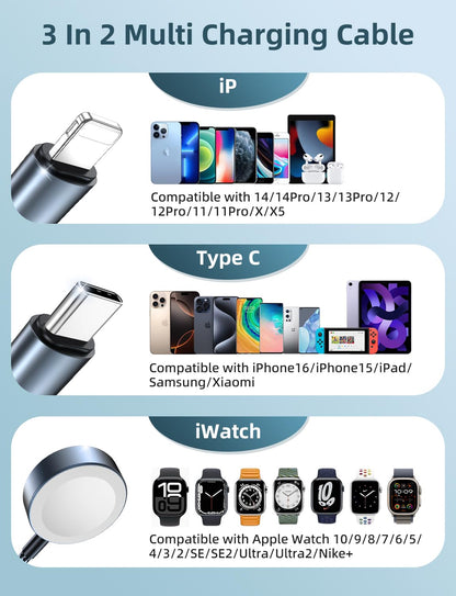 Upgraded Travel Essentials for Apple Watch Charger 3 in 2 Multi Charging Cable for iPhone 17 iWatch Charger USB C Cord, Car RV Camping Essentials Compatible with iWatch Ultra/SE/11 & iPhone 16/15-12