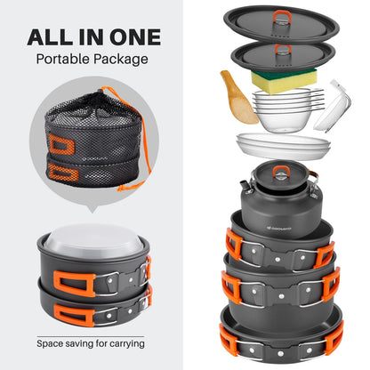 Odoland 15pcs Camping Cookware Non-Stick Lightweight Camping Pots and Pans Set with Kettle Plastic Plates Bowls Soup Spoon for Camping, Backpacking, Outdoor Cooking and Picnic (15PCS w/Kettle)