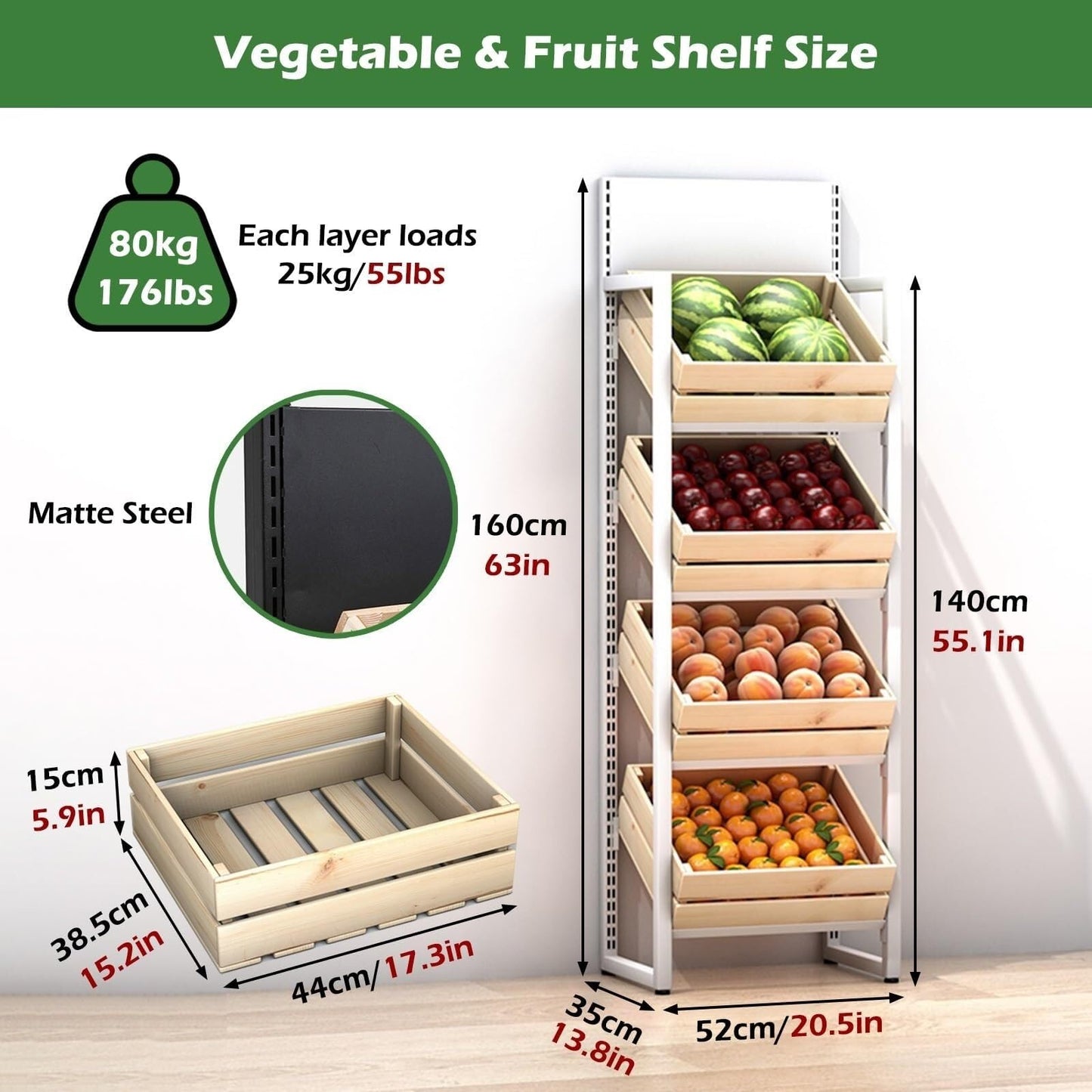 KYTGFH Commercial Supermarket Fruit Vegetable Shelf, Large Capacity Retail Snack Rack Display with Wood Baskets for Kitchen Storage.4 Tier,White Rack+Wooden Box