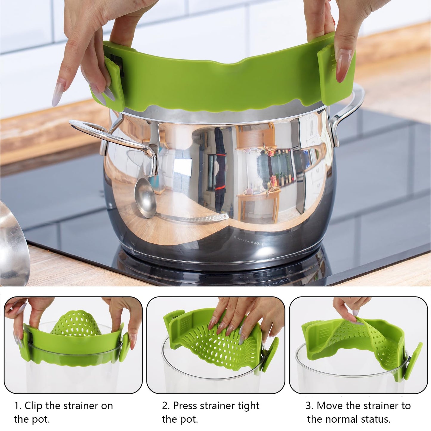 3 Pcs Silicone Clip-on Food Strainer Pasta Strainer for All Pots and Pans, Kitchen Colander for Noodle, Vegetables, Meat, Fruit, Spaghetti