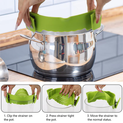 3 Pcs Silicone Clip-on Food Strainer Pasta Strainer for All Pots and Pans, Kitchen Colander for Noodle, Vegetables, Meat, Fruit, Spaghetti