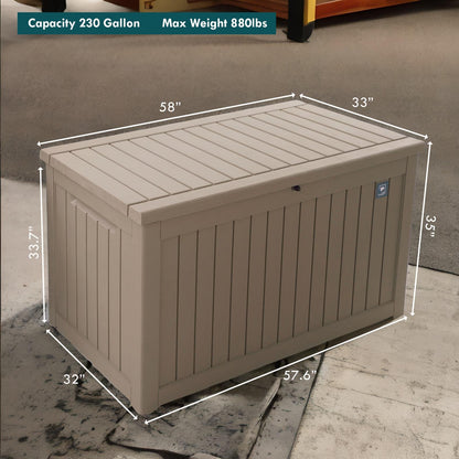 Large Outdoor Storage Box, 230 Gallon Deck Boxes Outdoor, Durable Resin Waterproof Deck Box for Patio Furniture Outdoor Cushions Garden Tools and Pool Storage (Light Brown, 230 Gallon)