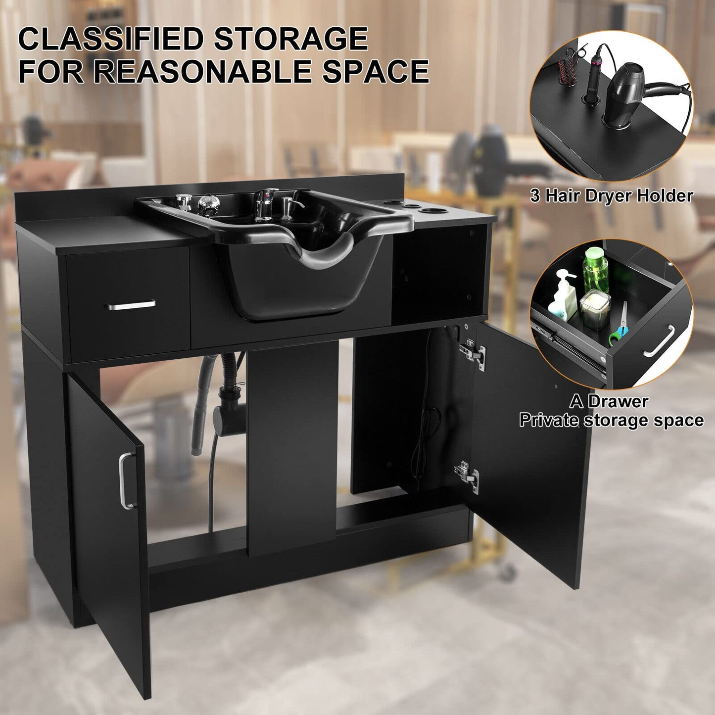 Artist hand Shampoo Bowls for Salons with Mirror, Shampoo Stations for Salons All in One Backwash Sink with USB, 110V Outlets, Hair Dryer Holes and P Trap, Salon Equipment