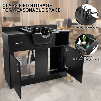 Artist hand Shampoo Bowls for Salons with Mirror, Shampoo Stations for Salons All in One Backwash Sink with USB, 110V Outlets, Hair Dryer Holes and P Trap, Salon Equipment