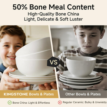 KINGSTONE Bone China Dinnerware Sets, 24-Piece Dishes Set for 8, Elegant Gold Trim Ceramic Plates & Bowls, Luxury Gift, Lightweight Translucent Dishware for Family Dining, Festival Banquet & Party