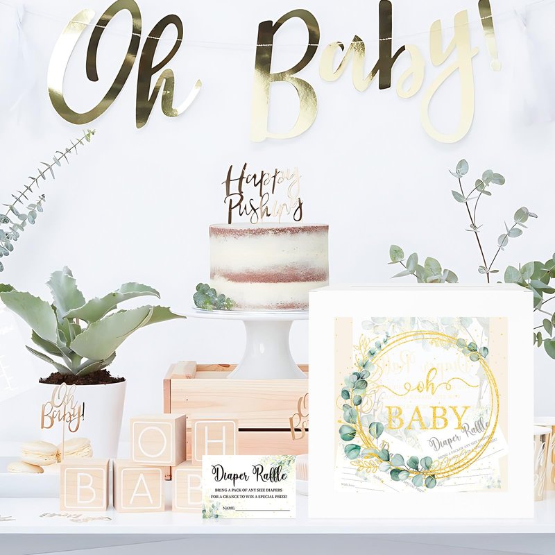 Greenery Baby Shower Games for Girl or Boy, Oh Baby Sage Green Diaper Raffle Card Box with Tickets for Boy Baby Shower Decorations