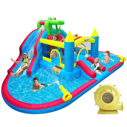 Rolonal Inflatable Bounce House with Water Slides,Double Ball Pit/Water Pool,Crocodile Styling,Climbing Wall,Outdoor Kids Bouncy Castle with Air Blower