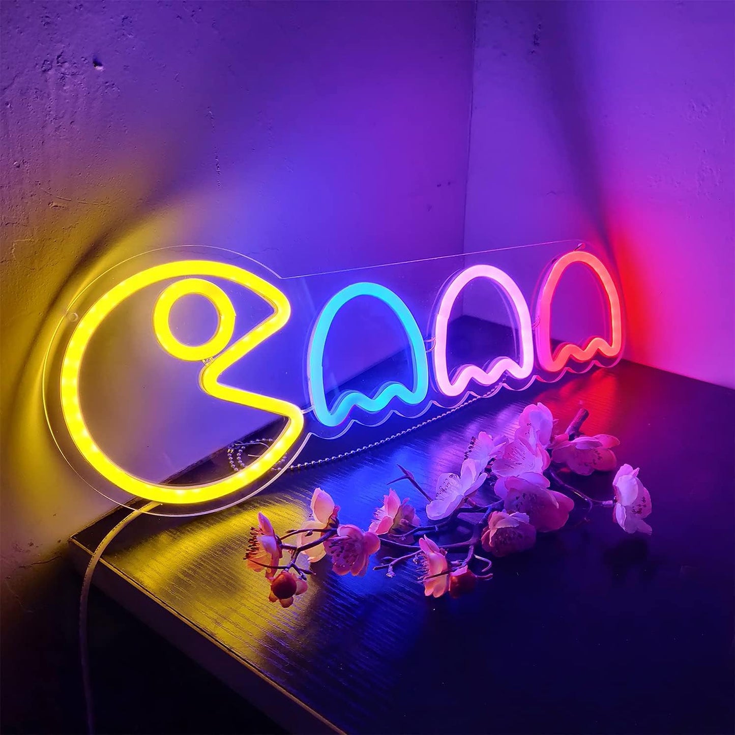 Game Neon Sign Ghost Led Neon Lights Neon Signs for Bedroom Wall 17”x6” Retro Arcade Decor with USB/Switch Ghost Neon light for Gaming Room Man Cave Birthday Halloween Christmas Gift
