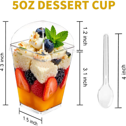 XCRUI 100Pack 5oz Dessert Cups with Lids and Spoons,Plastic Parfait Appetizer Cup,Disposable Plastic Cups, Great for Desserts, Appetizers, Puddings, Mousse