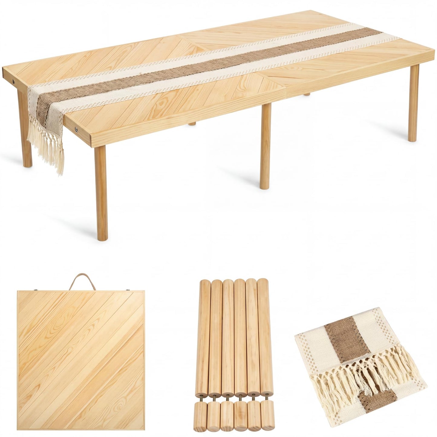 Wesiti Boho Folding Picnic Table and White Blanket Set 60 x 30 Inch Low Floor Table 70 x 120 Inch Woven Cotton Blanket with Fringe Leather Storage Strap for Photoshoot Camping Beach BBQ Wedding Party