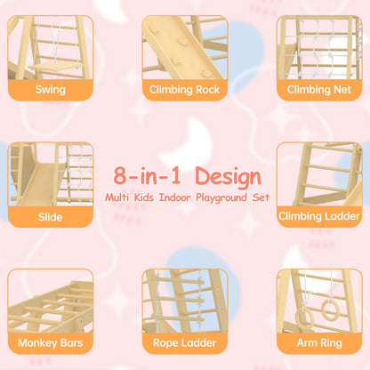 Toddler Jungle Gym, 66" Indoor Playground Set with Swing, Rock Climb Wall, Slide, Monkey Bars, Wood & Rope Ladder, Rope Wall Ladder for Kids 1-8yrs