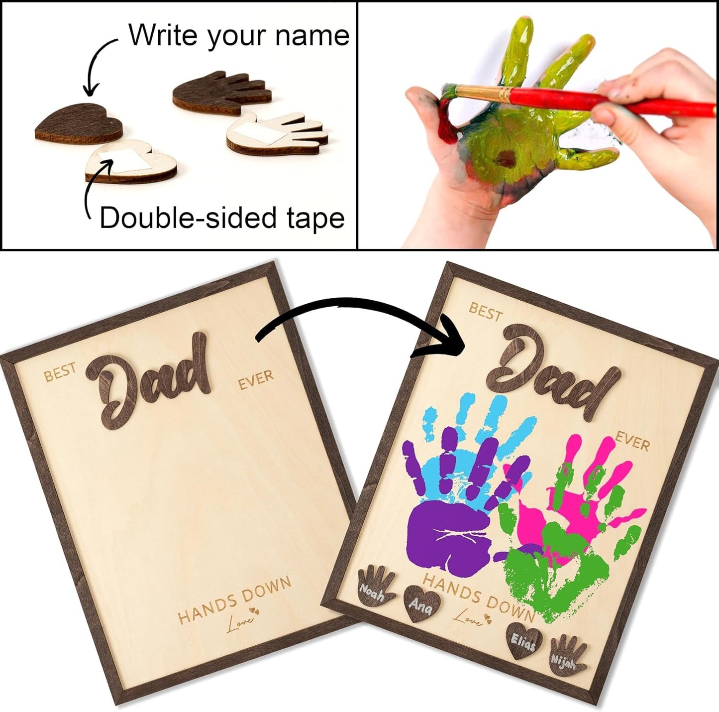NELXI Best Dad Ever Handprint Gifts – Personalized Wooden Frame DIY Kit for Kids, Father’s Day Crafts, Custom Family Keepsake from Children, Unique Present for Dad, Grandpa, Rustic Home Decor