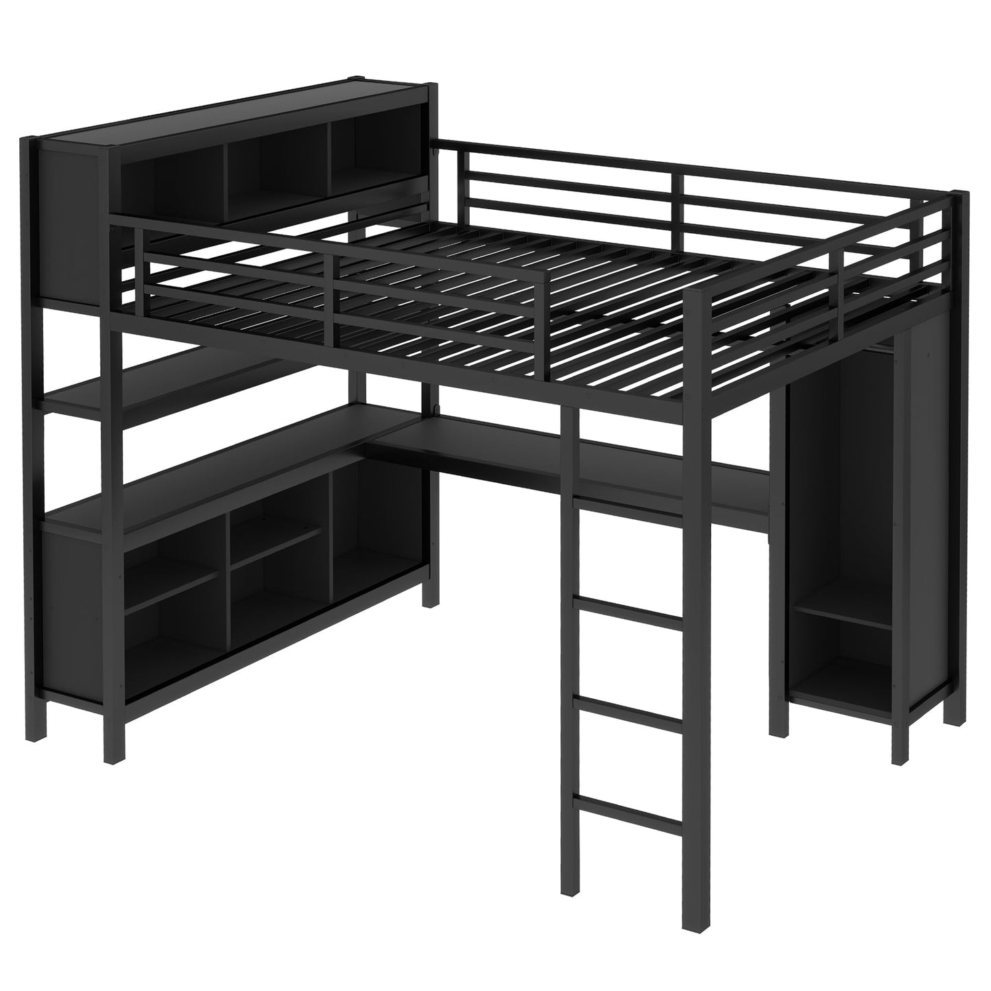 Queen Loft Bed Frame with Wardrobe and Storage Cubes, Queen Size Loft Bed with Desk and Storage Shelf, Heavy Duty Loft Beds with Guardrail, Noise Free Design, Adult Loft Bed Frame, Black