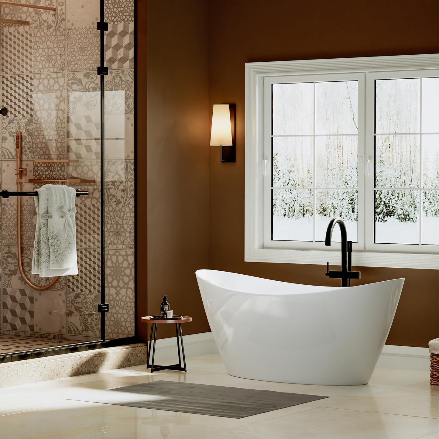 Empava 59" Freestanding Bathtub – Deep Soaking Acrylic Tub for Small Bathroom, Non-Slip Flatbottom, Stress Relief Home Spa, Brushed Nickel Drain & Overflow, Single Adult, Glossy White