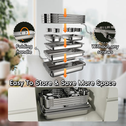 SIFER Chafing Dishes for Buffet 9Qt 4 Pack with Multi-Size Food Pans-Screwless Installation Chafing Dish Buffet Set,Foldable Handles Stacking Design,Stainless Steel for events,Silver