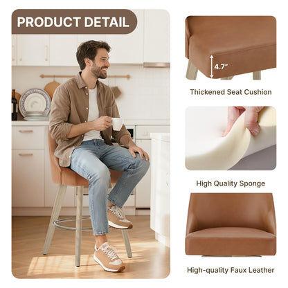 Counter Height Bar Stools Set of 2, Modern Swivel Barstools with Back and Wood Legs, Faux Leather Upholstered Bar Chairs, 26" Seat Height Counter Stools for Kitchen Island,Brown