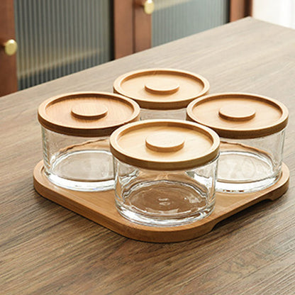 KVMORZE Chip and Dip Serving Set with Bamboo Tray, Snack Candy Fruit Nut Serving Platter, Small Glass Dipping Serving Bowls with Lids for Condiments, Side Dishes, Pre, Dessert, Salsa (4 Slots)