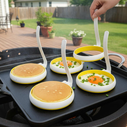 Lavius Silicone Egg Rings Set with Folding Handle, 4-Pack Non-Stick Round Egg Cooker Ring，Egg Mold for Cooking Breakfast Sandwiches, Egg Mcmuffins, Pancake, Grill Accessories Egg Forms for Frying Egg