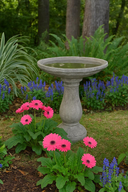 Solid Rock Stoneworks Classic Oval Concrete Birdbath – 24” Tall Outdoor Garden Accent – Heavy-Duty Handcrafted Cement Bird Bath – Weather Resistant Yard Décor – Made in USA- PreAged