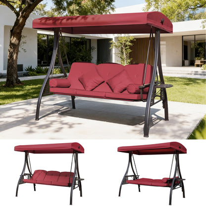 Mvpipi Outdoor Porch Patio Swing,3-seat Swing with Canopy,3 in 1 Convertible Swing Bed for Adults,Porch Swing with Stand,Bench Swing with Pillows & Cup Holder for Garden,Deck(Wine Red,Square Tube)