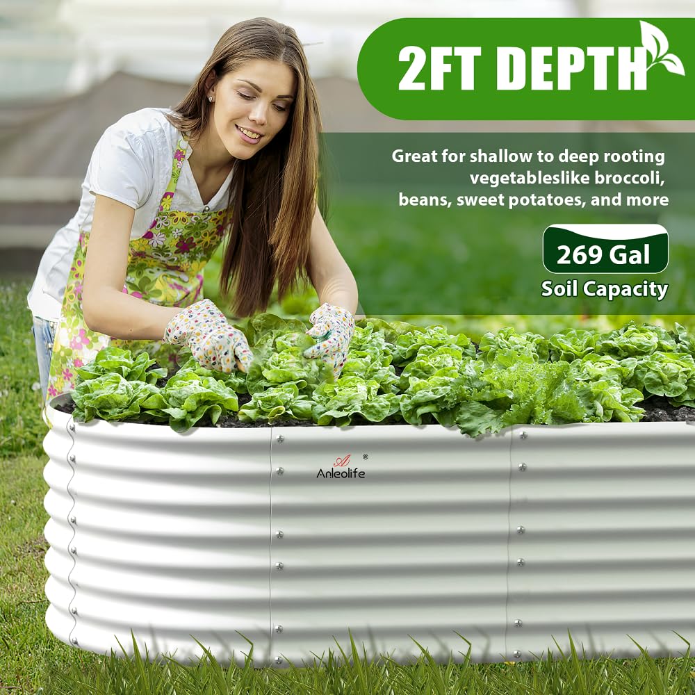 A ANLEOLIFE 6X3X2 ft Galvanized Raised Garden Beds Outdoor-2 Pack, Oval Large Metal Deep Root Planter Box for Planting Vegetables Flowers Herb, Anti-Rust & Easy-Setup, Antique White