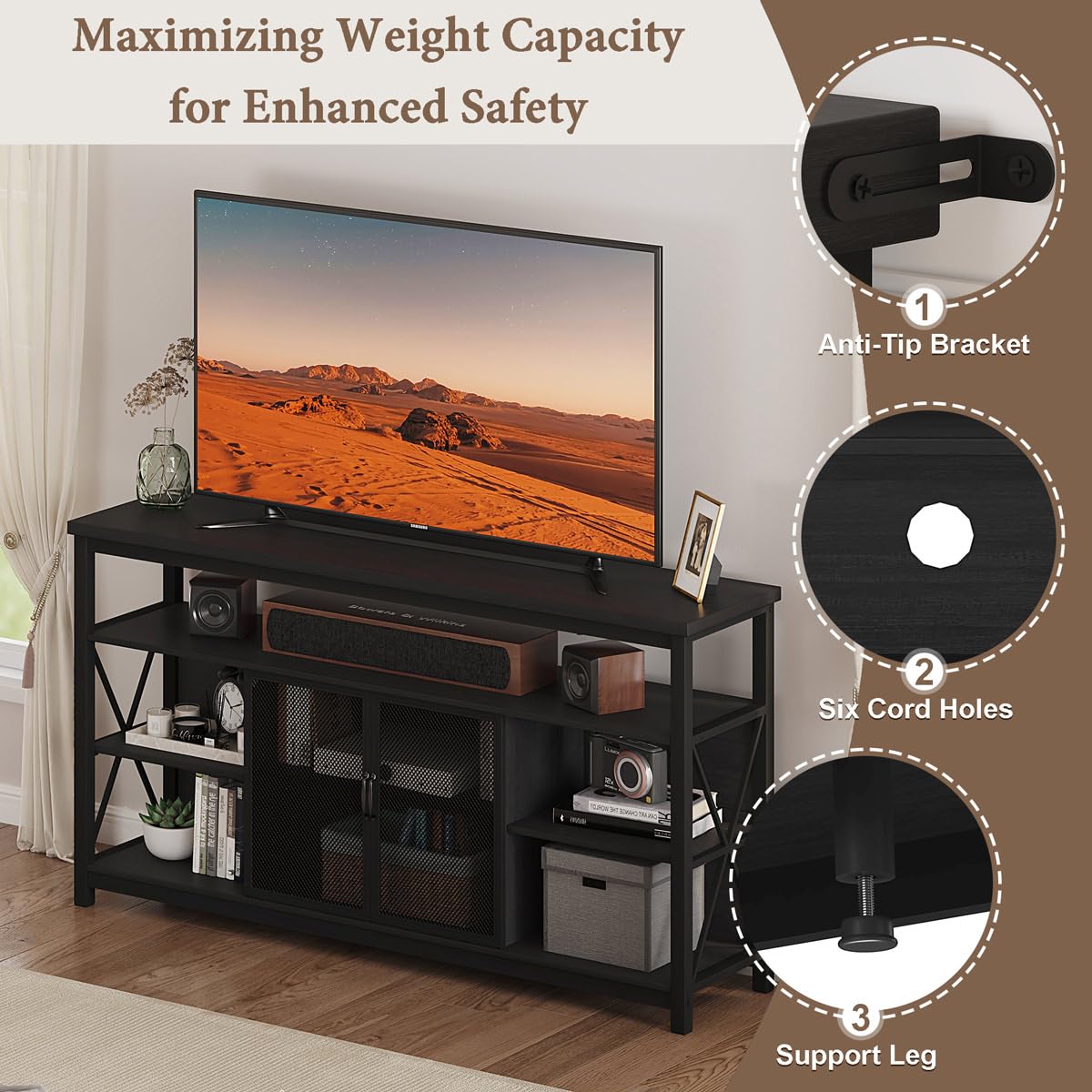 BON AUGURE Tall TV Stand for TVs up to 65 Inch, Industrial Wood Entertainment Center with Storage Cabinet, Modern TV Media Console for Living Room and Bedroom (32 Inch High, Black Oak)