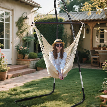 Handwoven Cotton Rope Hammock Chair with Metal Spreader Bar and Stand, Boho Hanging Chair Bedroom, Indoor Outdoor Swing Chair with Tassle