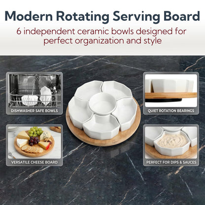 SOUJOY 11'' Lazy Susan Serving Tray, Porcelain 360° Rotatable Serving Tray and Platters, Removable Divided Serving Dishes, Party Relish Bowl for Chip, Dip, Veggies, Candy and Snack, Cheese, 7 Pieces
