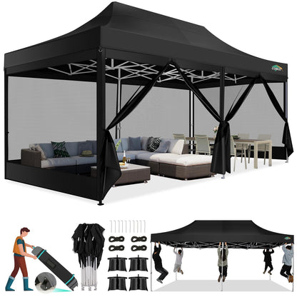 COBIZI 10x20 Canopy Tent, Heavy Duty Pop up Canopy with Sidewalls, Waterproof Easy Setup Canopy with Mosquito Netting, Outdoor Instant Screen Tents for Parties, Wedding with Roller Bag, Black
