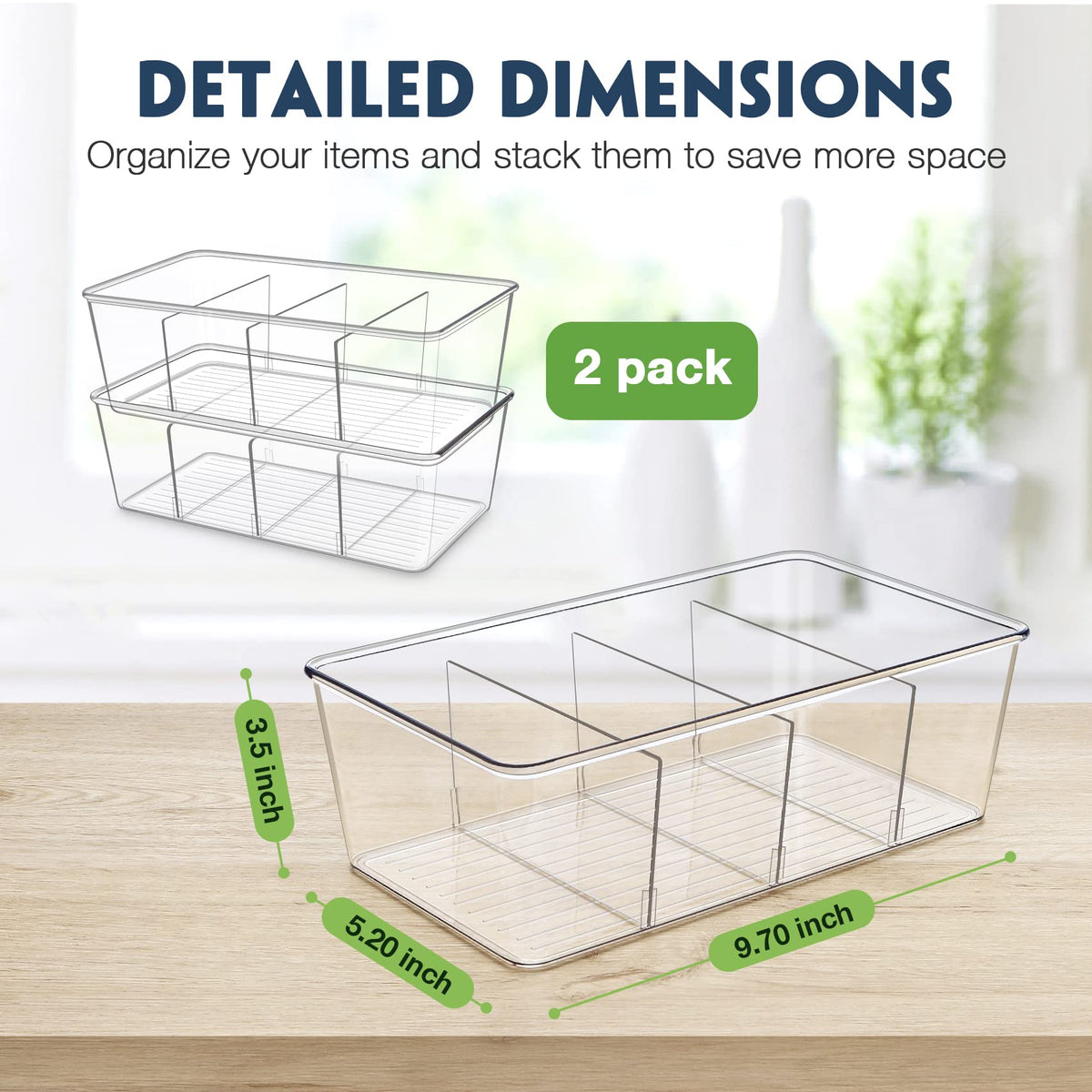 Batoto Pantry Organization and Storage Bins, Refrigerator Organizer Bins – Clear, Kitchen Organization and Storage with Dividers (2 Pack)