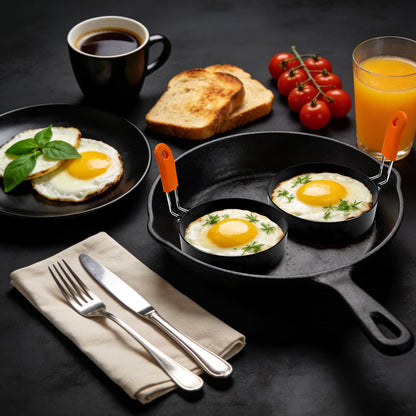 Jibrelxion 4 Pack Professional Egg Ring Set, Stainless Steel Griddle Pancake Shapers, Round Fried Egg Molds with Orange Silicone Handle for Cooking, Breakfast, Omelette and Sandwich, (4,6 Inch)