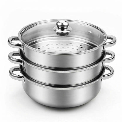 AuFranc® 5 Quart Steamer for Cooking - Stainless Steel Steam Pot with Steamer Basket, Multipurpose Cooking Stock Pot with Tempered Glass Lid, Non-Toxic Cookware for Slow Cooking and Steaming (Silver)