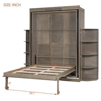 DNYN Rotating Queen Size Murphy Bed Frame with Foldable Desk and Hidden Wall Cabinet for Guest/Study Room, Space-Saving Foldable Wall Bed with Extra Storage Racks, No Box Spring Needed