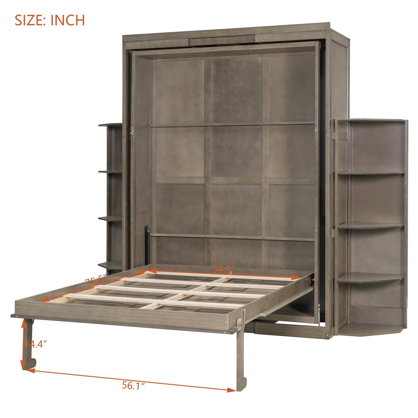 Rotating Full Murphy Bed with Hidden Wall Cabinet, Dual 3-Tier Side Shelves, Convertible Desk, Extra Storage Racks, Space-Saving Multifunctional Wall Bed for Home Office &Small Rooms, Gray