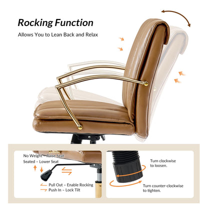 HULALA HOME Genuine Leather Home Office Chair with Rocking Tilt Function, Modern Swivel Executive Desk Chair with Golden Legs and Arms, Height Adjustable Upholstered Computer Task Chair, Camel