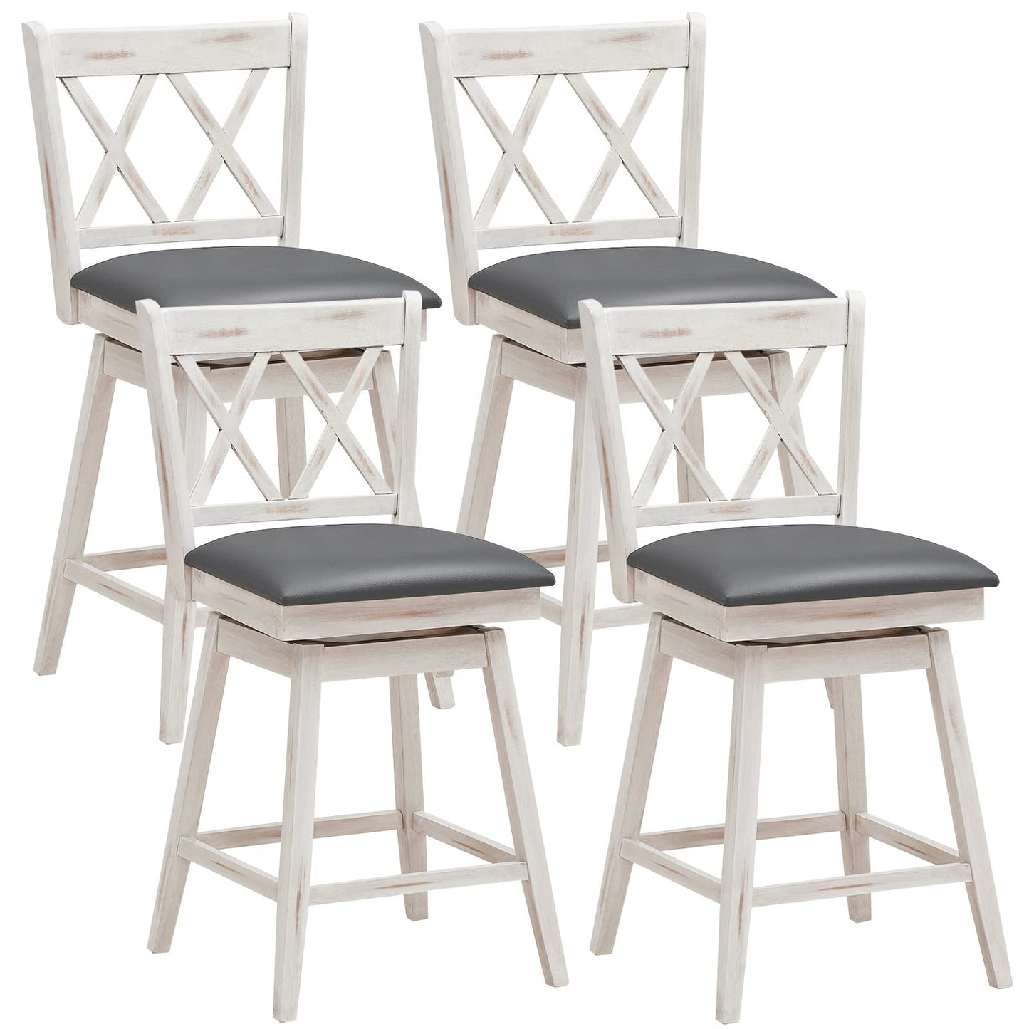 COSTWAY Bar Stool Set of 4, 360 ° Swivel Counter Height 25inch Bar Stool with Foot Rest Upholstered Cushion & Ergonomic Backrest, Sturdy Frame, for Pub, Kitchen Islands (4, Antique White + Grey)