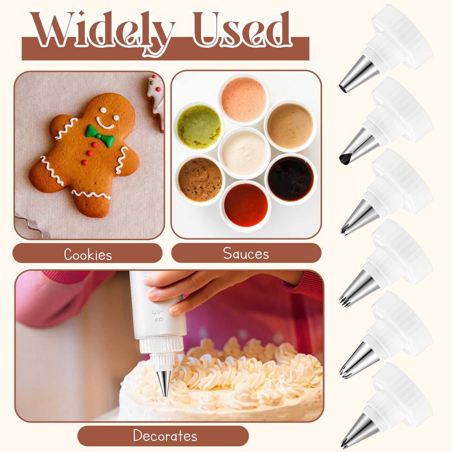 LemonRoad 4 Pcs Piping Bottles for Icing Cookie Decorating Supplies Plastic Squeeze Bottles with 6 Different Piping Tips for Cookie Icing Kit Pancake Squeezing Applicator Writer(8 Oz，4 oz)