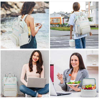 ETRONIK Lunch Backpack, 15.6 Inch Laptop Backpack, Stylish Nurse Teacher Work Bag with Insulated Cooler Lunch Box for Women Men, College Backpack for Travel, Grey Blue