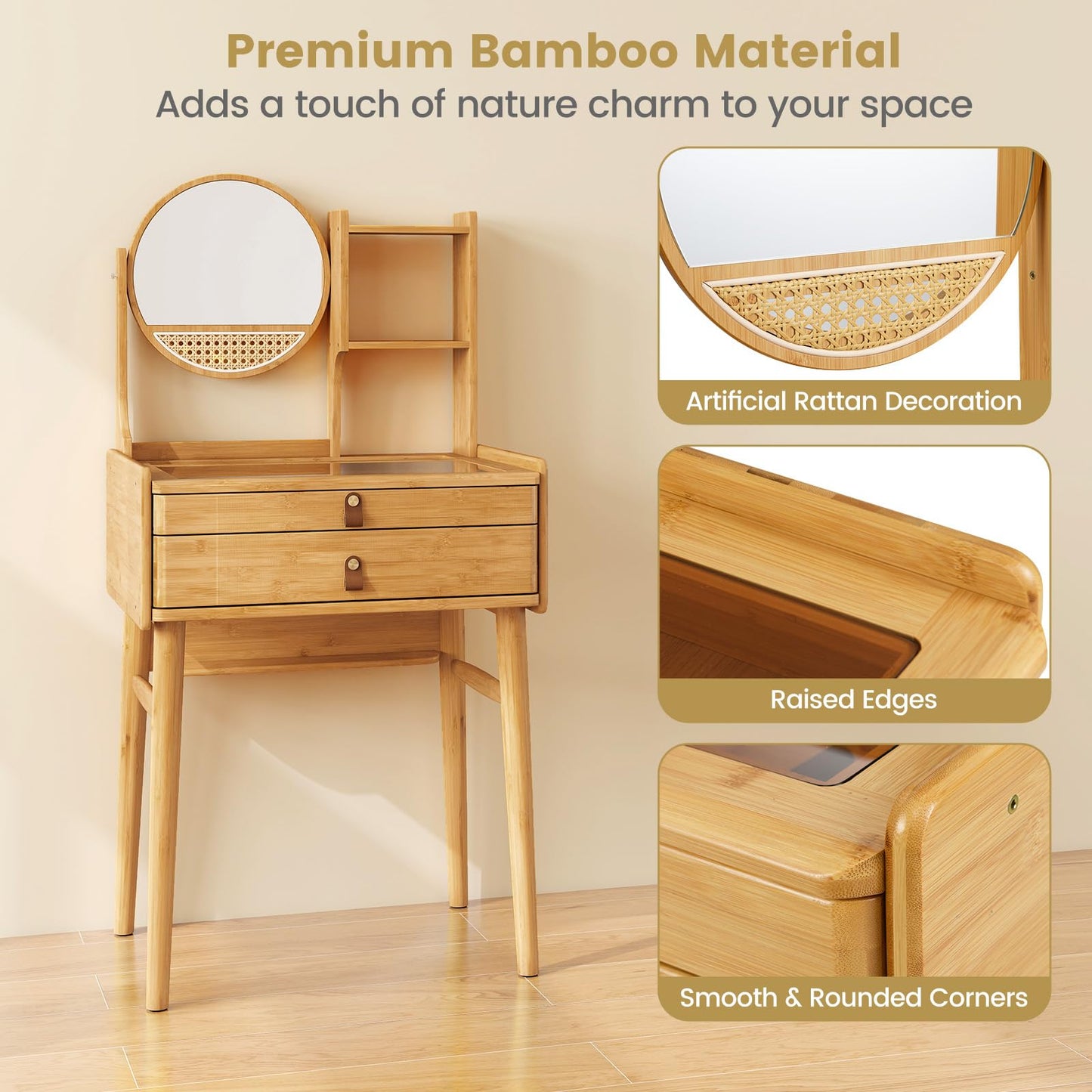 CHARMAID Small Bamboo Vanity Desk with Mirror and Stool, Glass Top Makeup Vanity Table with Storage Drawers, Shelves & Deep Tabletop Groove, Compact Dressing Table for Bedroom Small Spaces, 23.5" W