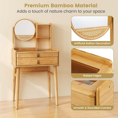 CHARMAID Small Bamboo Vanity Desk with Mirror and Stool, Glass Top Makeup Vanity Table with Storage Drawers, Shelves & Deep Tabletop Groove, Compact Dressing Table for Bedroom Small Spaces, 23.5" W