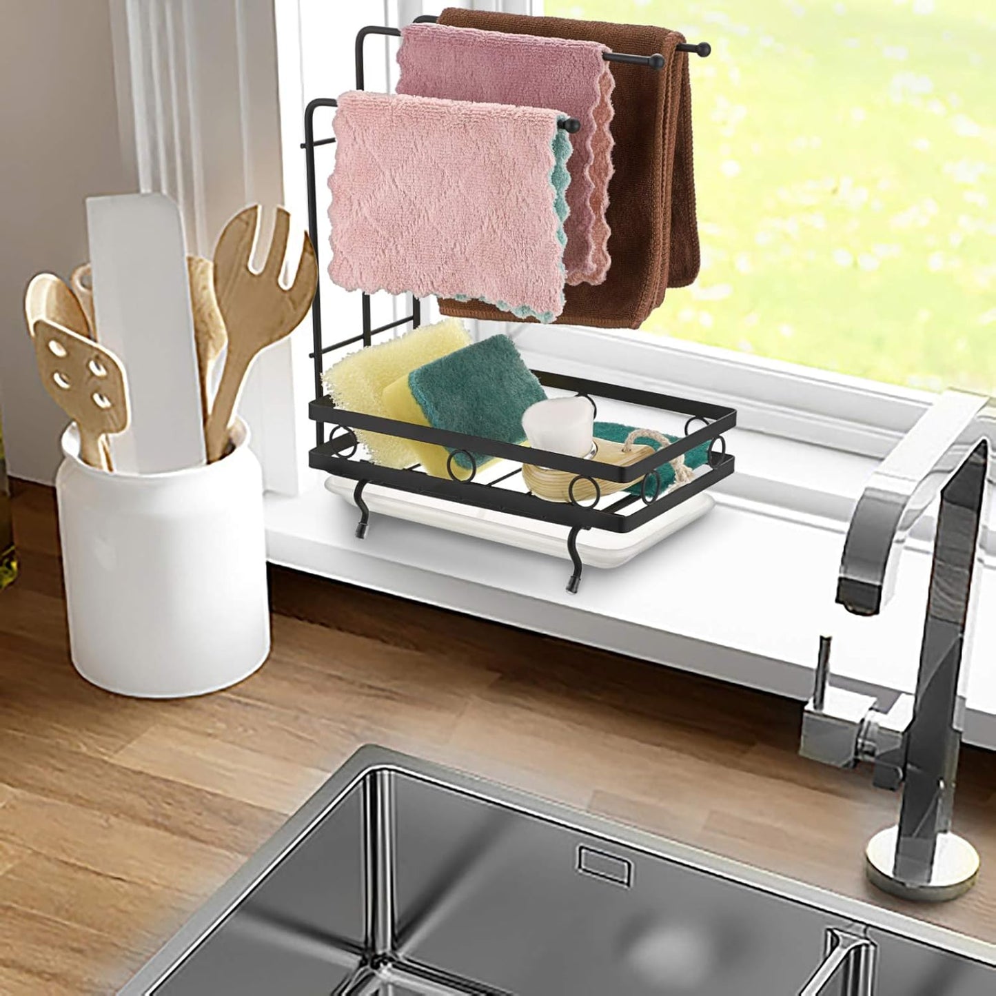 JUXYES Kitchen Sink Caddy Sponge Holder with Dishcloth Drying Rack, Storage Organizer for Kitchen Countertop, Black