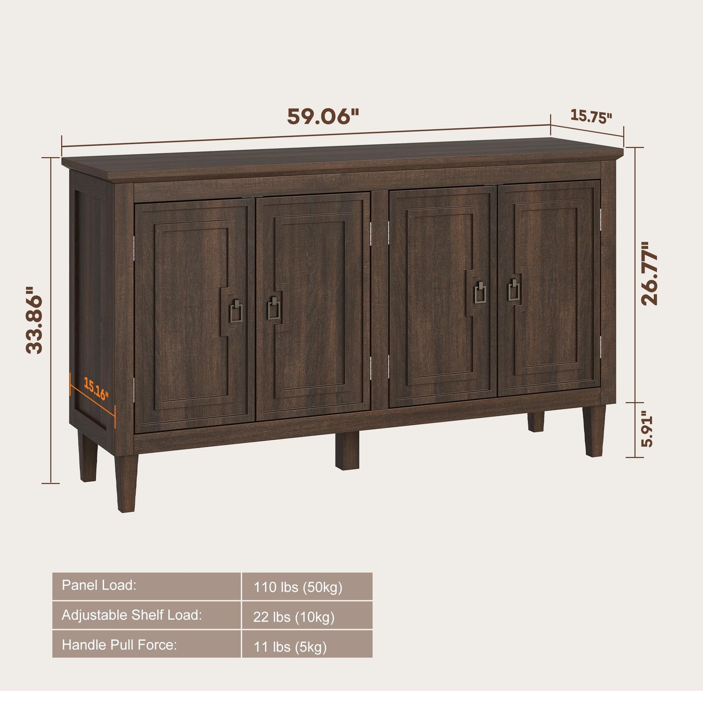 knoworld 60" Mid Century Sideboard Cabinet with 4 Doors,Solid Wood Storage Buffet Cabinet& Coffee Station,Organization Console for Dining Room & Living Room