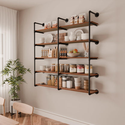ONOTETUT Industrial Pipe Shelf 5 Tier,60 inch Industrial Wall Shelves with Solid Wood Plank,Pipe Shelving Wall Mounted for Farmhouse,Floating Pipe Book Shelves for Kitchen and Bar Shelving