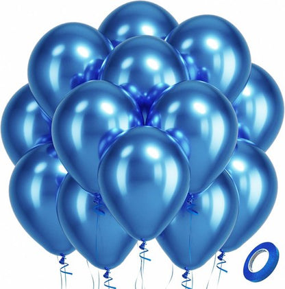 Bezente Metallic Blue Latex Balloons - 100 Pack of 12-Inch Chrome Blue Helium Balloons for Celebrations