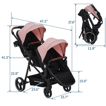 Tandem Double Stroller for Twins, Foldable Baby Stroller for Newborns 0-6 Months, Reversible Adjustable Seats, Shock-Absorbing Swivel Wheels & One-Step Brake, Storage Basket & Sun Canopy, Pink